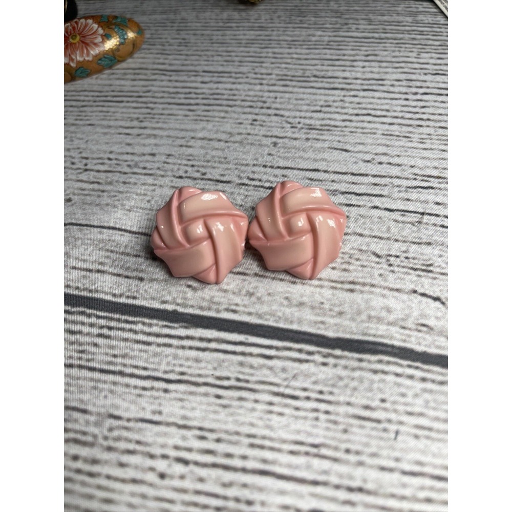Vintage Clip On Earrings Pink with Design - Retro Plastic